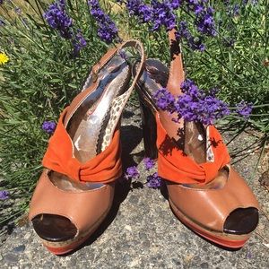 Poetic License Peep Toe Orange & Brown Sz 7.5